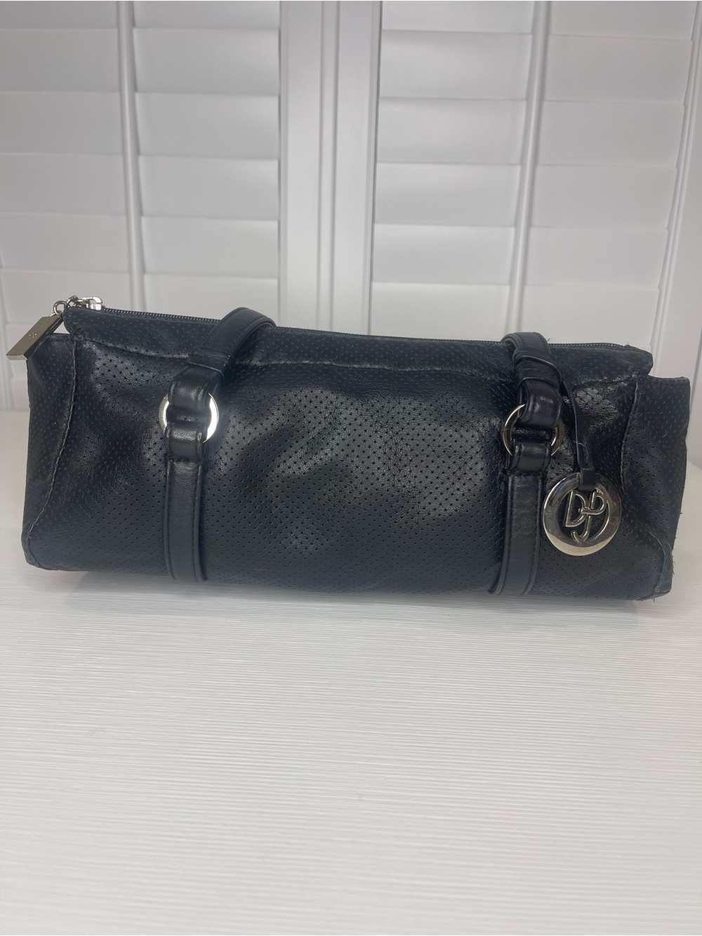 Donald J Pliner Black Leather Barrel Bag with Silver Accent